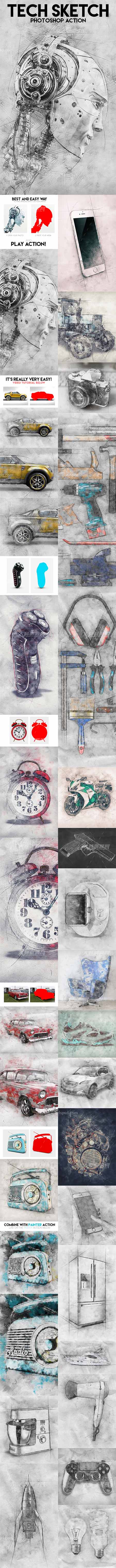 Tech Sketch Photoshop Action,极品PS动作－逼真素描(含高清视频教程)